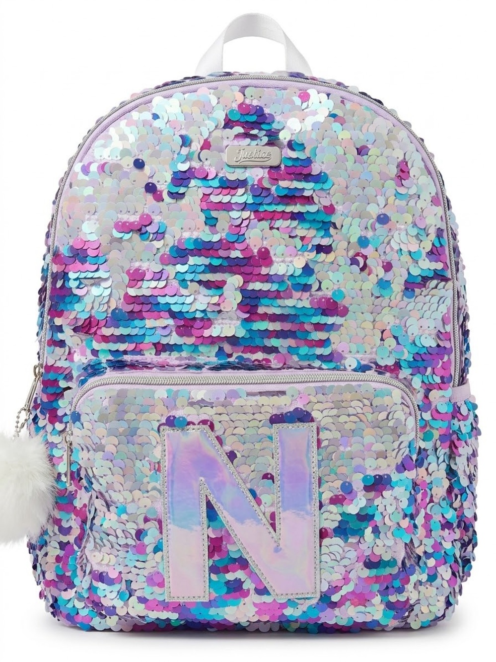 Justice Iridescent Sequin Backpack - Lavender, Teal, Pink, initial “N”